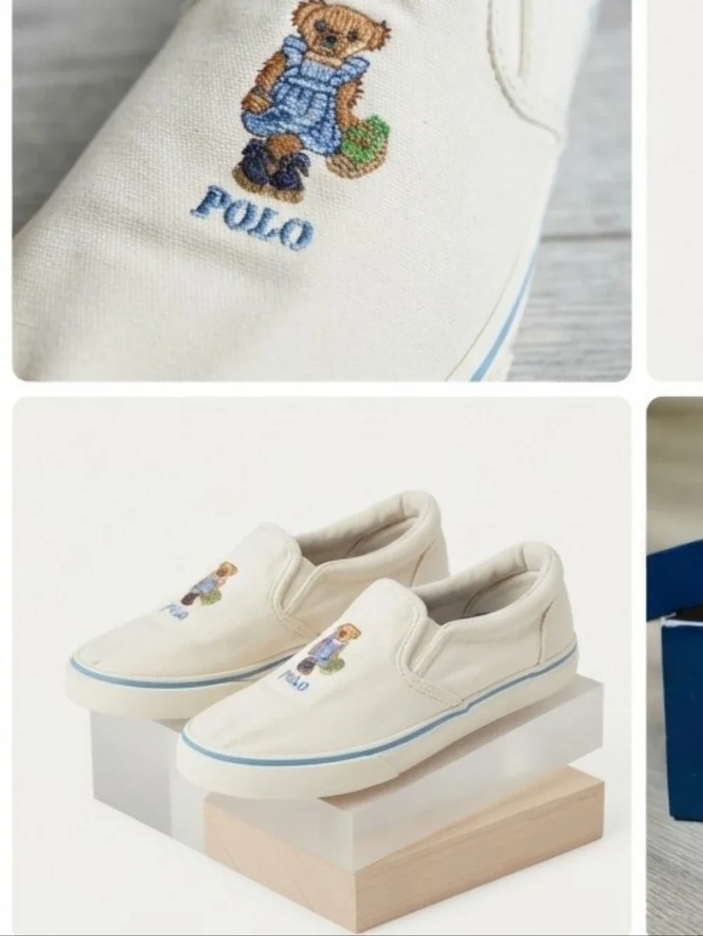 Polo by Ralph Lauren Cream Canvas Slip-On Sneakers with Bear Motif
